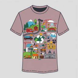 A short sleeve t-shirt design featuring a collage of themes representing various governmental departments: environmental services, transportation services, public works, information services, animal husbandry, cultural services, and tourism services