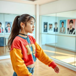 A young aspiring girl diligently training to become a K-Pop idol, practicing dance moves in a studio with mirrors