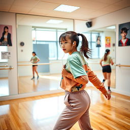 A young aspiring girl diligently training to become a K-Pop idol, practicing dance moves in a studio with mirrors