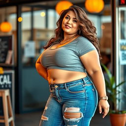 A confident, plus-size woman with fair skin, showcasing her figure in a stylish outfit that includes trendy jeans