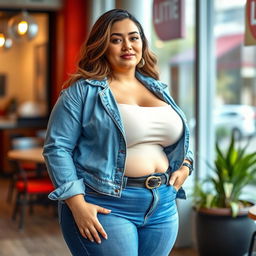 A confident, plus-size woman with fair skin, showcasing her figure in a stylish outfit that includes trendy jeans