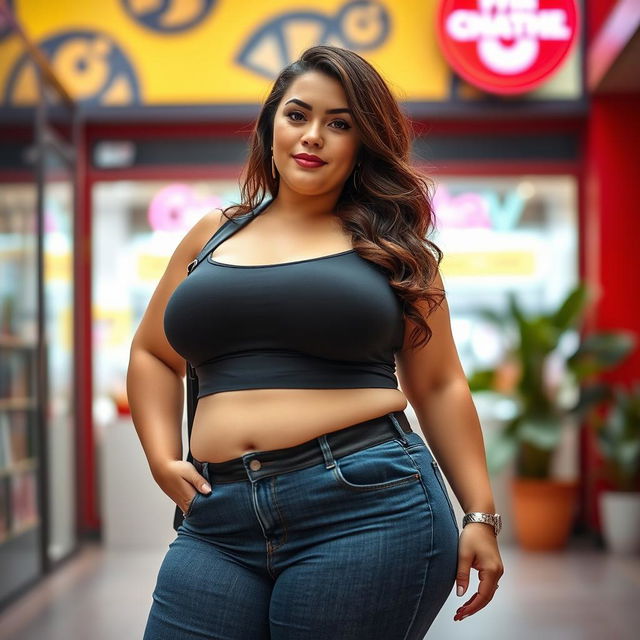 A confident, plus-size woman with fair skin, showcasing her figure in a stylish outfit that includes trendy jeans