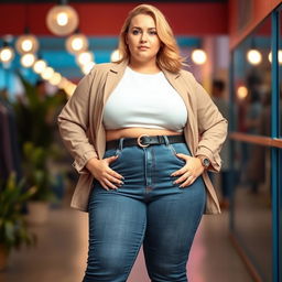 A confident, plus-size woman with fair skin, showcasing her figure in a stylish outfit that includes trendy jeans