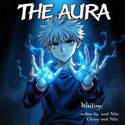 A manga cover depicting a 16-year-old boy with striking white hair and vivid blue eyes