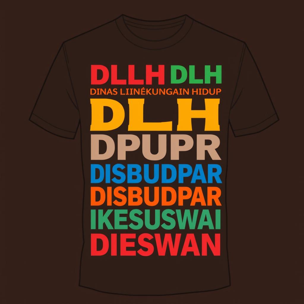 A short sleeve t-shirt design featuring bold, modern typography with the abbreviations of various governmental departments: DLH (Dinas Lingkungan Hidup), DPUPR (Dinas Pekerjaan Umum dan Penataan Ruang), DISBUDPAR (Dinas Kebudayaan dan Pariwisata), DIKESWAN (Dinas Kesehatan dan Peternakan), and others