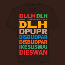 A short sleeve t-shirt design featuring bold, modern typography with the abbreviations of various governmental departments: DLH (Dinas Lingkungan Hidup), DPUPR (Dinas Pekerjaan Umum dan Penataan Ruang), DISBUDPAR (Dinas Kebudayaan dan Pariwisata), DIKESWAN (Dinas Kesehatan dan Peternakan), and others