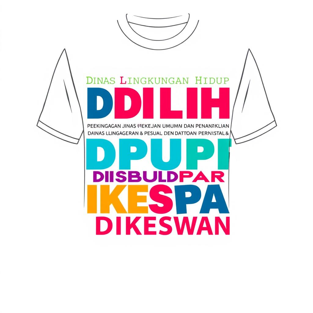 A short sleeve t-shirt design featuring bold, modern typography with the abbreviations of various governmental departments: DLH (Dinas Lingkungan Hidup), DPUPR (Dinas Pekerjaan Umum dan Penataan Ruang), DISBUDPAR (Dinas Kebudayaan dan Pariwisata), DIKESWAN (Dinas Kesehatan dan Peternakan), and others