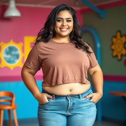 A confident, plus-size young woman with fair skin, wearing stylish jeans and a wet, cropped T-shirt that highlights her curvy figure