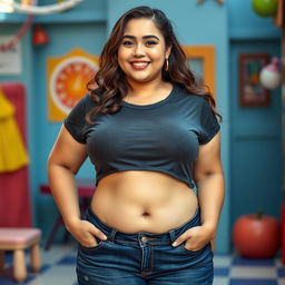 A confident, plus-size young woman with fair skin, wearing stylish jeans and a wet, cropped T-shirt that highlights her curvy figure