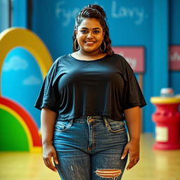 A confident, plus-size young woman with fair skin, wearing stylish jeans and a wet, cropped T-shirt that highlights her curvy figure