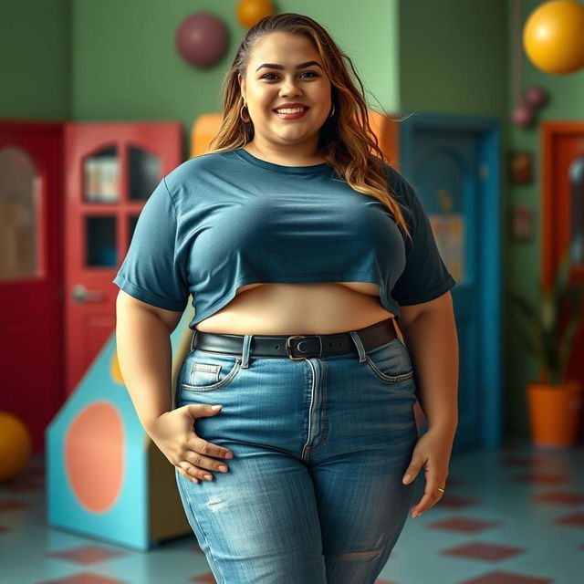 A confident, plus-size young woman with fair skin, wearing stylish jeans and a wet, cropped T-shirt that highlights her curvy figure