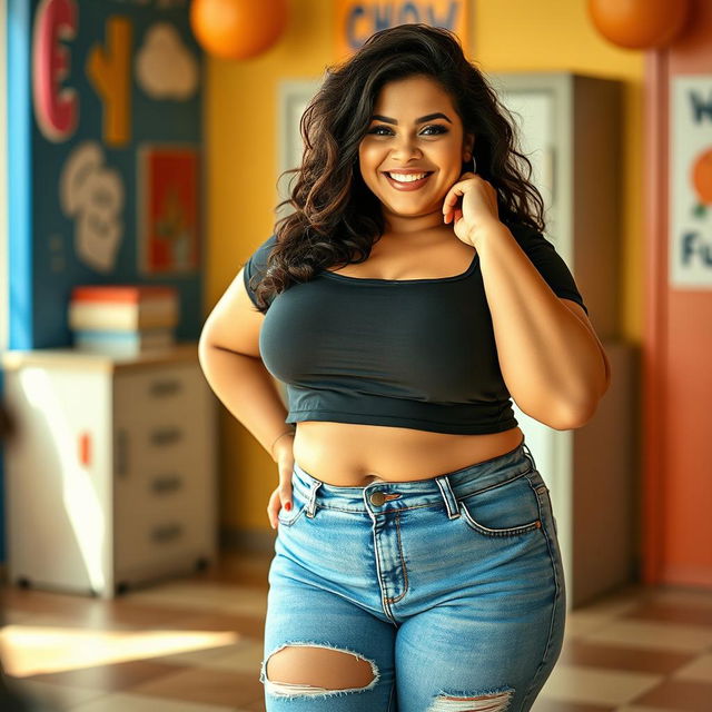 A confident, plus-size woman with fair skin, showcasing her curvy figure in a pair of stylish jeans and a wet, cropped T-shirt that highlights her natural beauty