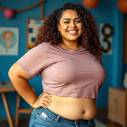 A confident, plus-size woman with fair skin, showcasing her curvy figure in a pair of stylish jeans and a wet, cropped T-shirt that highlights her natural beauty