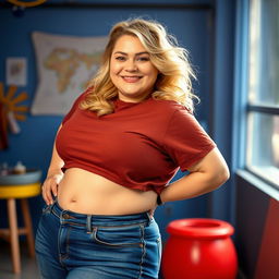 A confident, plus-size woman with fair skin, showcasing her curvy figure in a pair of stylish jeans and a wet, cropped T-shirt that highlights her natural beauty