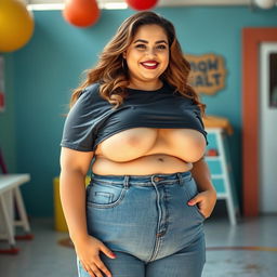 A confident, plus-size woman with fair skin, showcasing her curvy figure in a pair of stylish jeans and a wet, cropped T-shirt that highlights her natural beauty