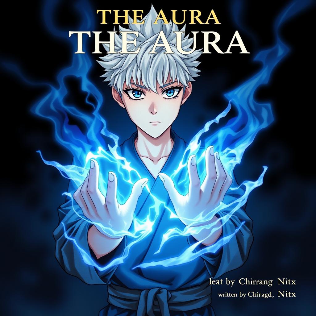 A manga cover featuring a 16-year-old boy with striking white hair and vivid blue eyes, reminiscent of Gojo from "Jujutsu Kaisen", wearing an outfit inspired by Gojo's iconic look