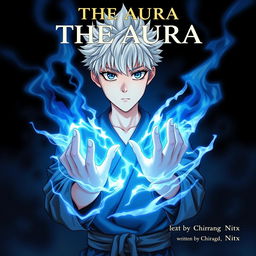 A manga cover featuring a 16-year-old boy with striking white hair and vivid blue eyes, reminiscent of Gojo from "Jujutsu Kaisen", wearing an outfit inspired by Gojo's iconic look