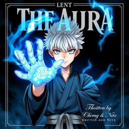 A manga cover featuring a 16-year-old boy with striking white hair and vivid blue eyes, reminiscent of Gojo from "Jujutsu Kaisen", wearing an outfit inspired by Gojo's iconic look