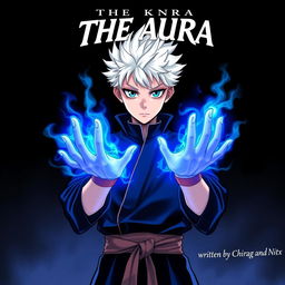 A manga cover featuring a 16-year-old boy with striking white hair and vivid blue eyes, reminiscent of Gojo from "Jujutsu Kaisen", wearing an outfit inspired by Gojo's iconic look