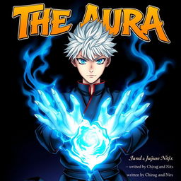 A manga cover featuring a 16-year-old boy with striking white hair and vivid blue eyes, reminiscent of Gojo from "Jujutsu Kaisen", wearing an outfit inspired by Gojo's iconic look