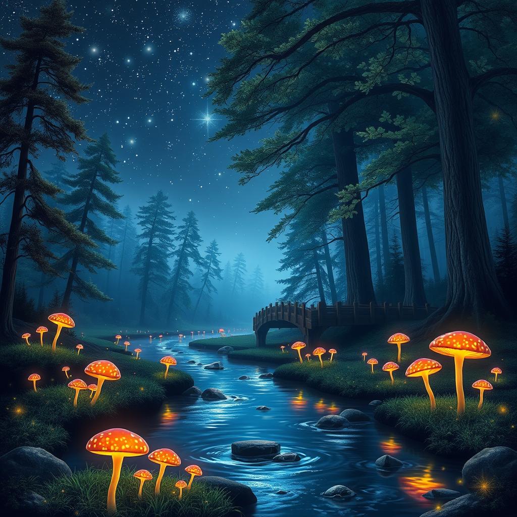 A dreamy landscape where a serene river winds through a forest under a starlit sky, with vibrant glowing mushrooms adorning the riverbanks