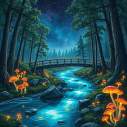 A dreamy landscape where a serene river winds through a forest under a starlit sky, with vibrant glowing mushrooms adorning the riverbanks