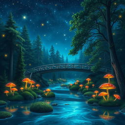 A dreamy landscape where a serene river winds through a forest under a starlit sky, with vibrant glowing mushrooms adorning the riverbanks