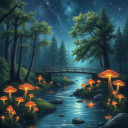 A dreamy landscape where a serene river winds through a forest under a starlit sky, with vibrant glowing mushrooms adorning the riverbanks