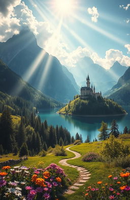 a beautiful fantasy landscape, with lush green forests, towering mountains in the background, a serene lake reflecting the clear blue sky, and a majestic castle on a hilltop