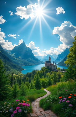 a beautiful fantasy landscape, with lush green forests, towering mountains in the background, a serene lake reflecting the clear blue sky, and a majestic castle on a hilltop