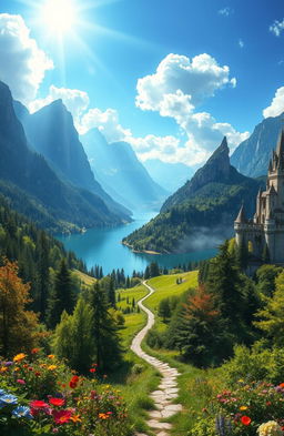 a beautiful fantasy landscape, with lush green forests, towering mountains in the background, a serene lake reflecting the clear blue sky, and a majestic castle on a hilltop