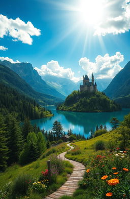 a beautiful fantasy landscape, with lush green forests, towering mountains in the background, a serene lake reflecting the clear blue sky, and a majestic castle on a hilltop