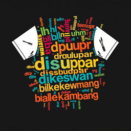 A short sleeve chaos design featuring various words like 'dlh', 'dpupr', 'disbudpar', 'dikeswan', and 'balekambang', all creatively arranged in a visually appealing manner