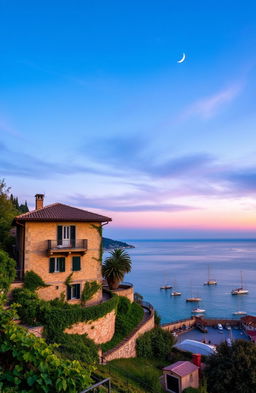 A two-floor Italian stone villa nestled amidst a lush vineyard on the left