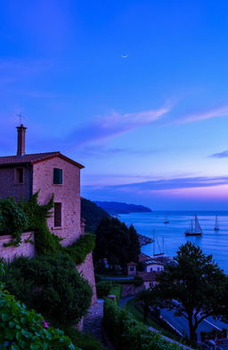 A two-floor Italian stone villa nestled amidst a lush vineyard on the left