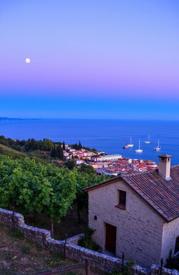 A picturesque vineyard in Italy with a charming stone house in the foreground