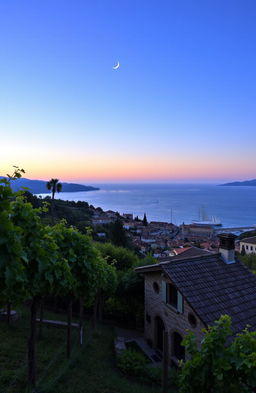 A picturesque vineyard in Italy with a charming stone house in the foreground