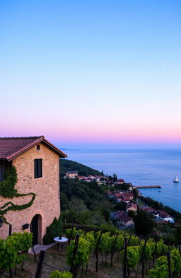 A picturesque vineyard in Italy with a charming stone house in the foreground