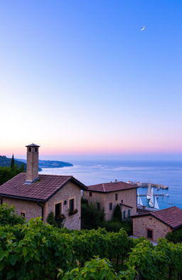 A picturesque vineyard in Italy with a charming stone house in the foreground