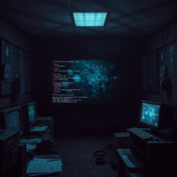 A dramatic and mysterious scene depicting an ominous, dimly lit room filled with computer screens displaying code and cryptic symbols