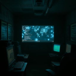 A dramatic and mysterious scene depicting an ominous, dimly lit room filled with computer screens displaying code and cryptic symbols