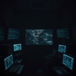 A dramatic and mysterious scene depicting an ominous, dimly lit room filled with computer screens displaying code and cryptic symbols