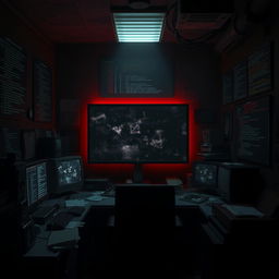 A dramatic and mysterious scene depicting an ominous, dimly lit room filled with computer screens displaying code and cryptic symbols