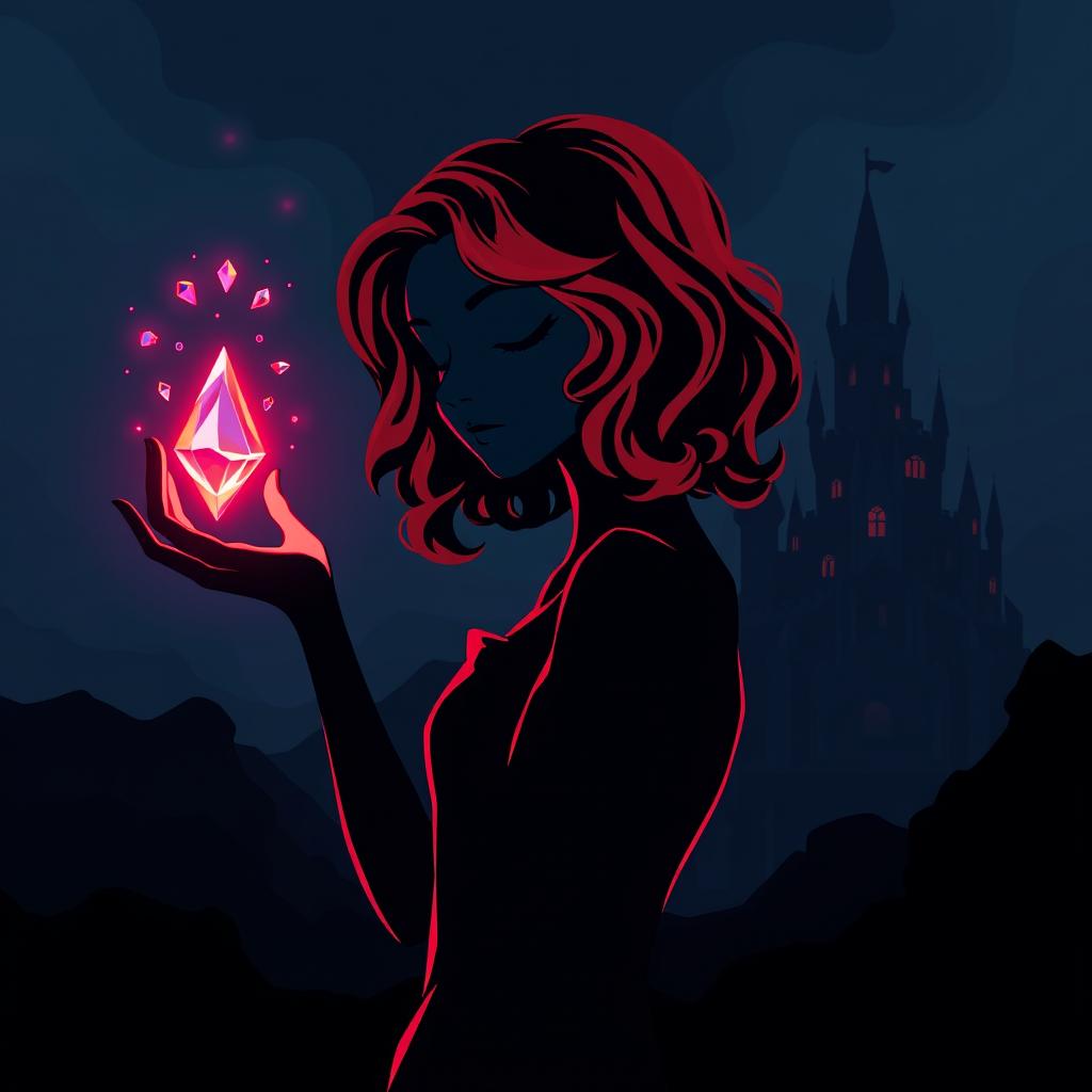 A stylized silhouette of a young woman with noodle-like curl waist-length hair in red-orange, her hand outstretched towards a glowing diamond shard