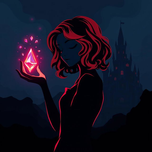 A stylized silhouette of a young woman with noodle-like curl waist-length hair in red-orange, her hand outstretched towards a glowing diamond shard