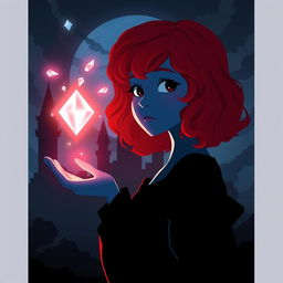 A stylized silhouette of a young woman with noodle-like curl waist-length hair in red-orange, her hand outstretched towards a glowing diamond shard