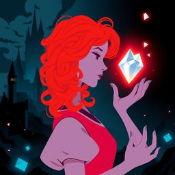 A stylized silhouette of a young woman with noodle-like curl waist-length hair in red-orange, her hand outstretched towards a glowing diamond shard