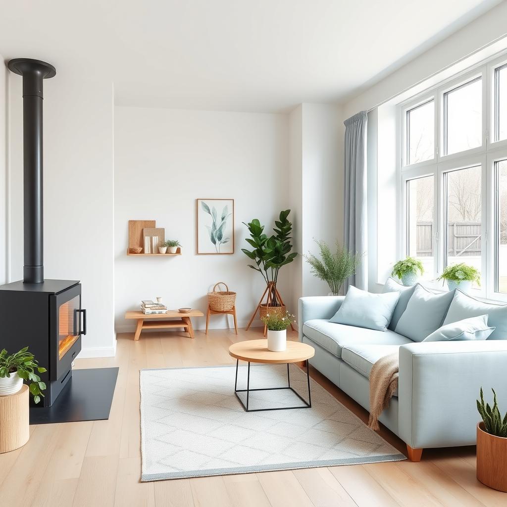 a Scandinavian living room in light tones and blue, featuring a large sliding door and a stove