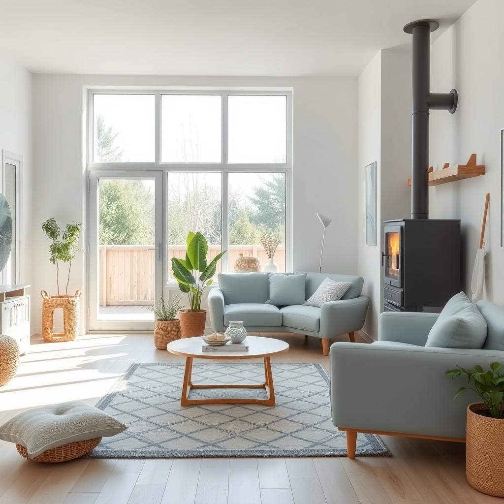 a Scandinavian living room in light tones and blue, featuring a large sliding door and a stove