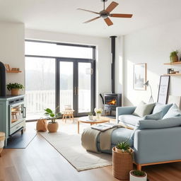 a Scandinavian living room in light tones and blue, featuring a large sliding door and a stove